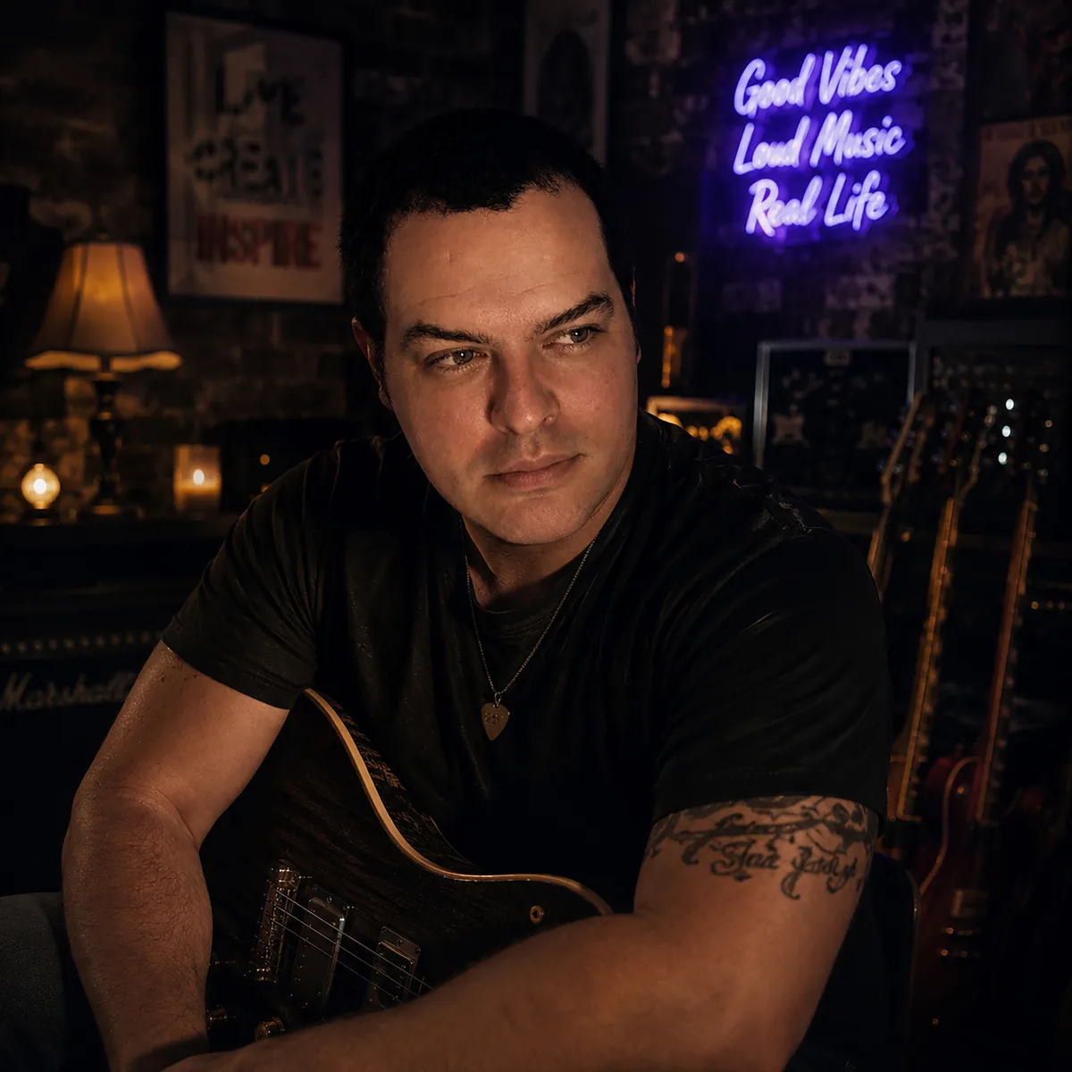 Billykaren Beaufort portrait, seated with an electric guitar in a dim studio under a purple neon sign reading Good Vibes, Loud Music, Real Life