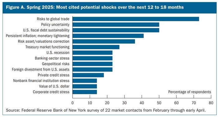 Graph Showing "Figure A. Spring 2025: Most Cited potential shocks over the next 12 to 18 months" 