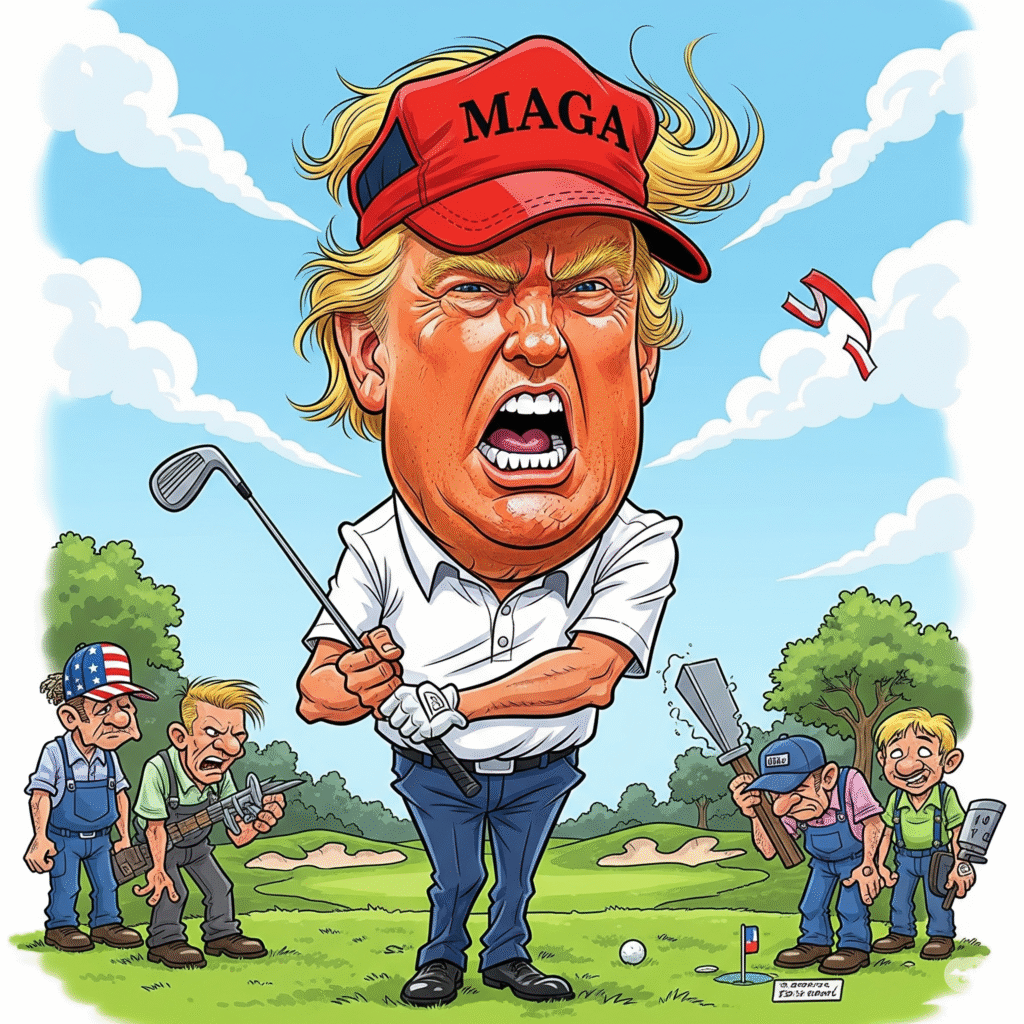 This is a vibrant and exaggerated caricature of Donald Trump on a golf course. He has emphasized orange skin and wild hair, with an angry expression. He's wearing a white golf shirt and a red "MAGA" golf cap, holding a golf club. Surrounding him are downtrodden, struggling American workers. The drawing style is comic-book like, with bold outlines and exaggerated proportions, highlighting the contrast between the opulent golf setting and the workers' struggles.